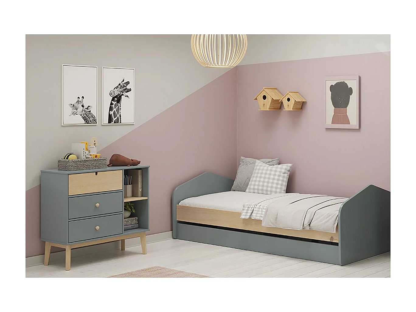 KAINA - Pack Lit 90x200cm avec Tiroir + Commode 3 Tiroirs Coloris Gris et Naturel
