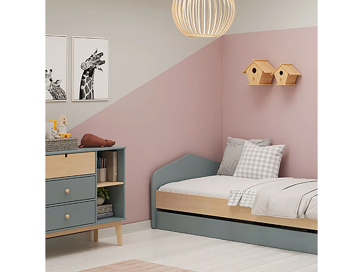 KAINA - Pack Lit 90x200cm avec Tiroir + Commode 3 Tiroirs Coloris Gris et Naturel