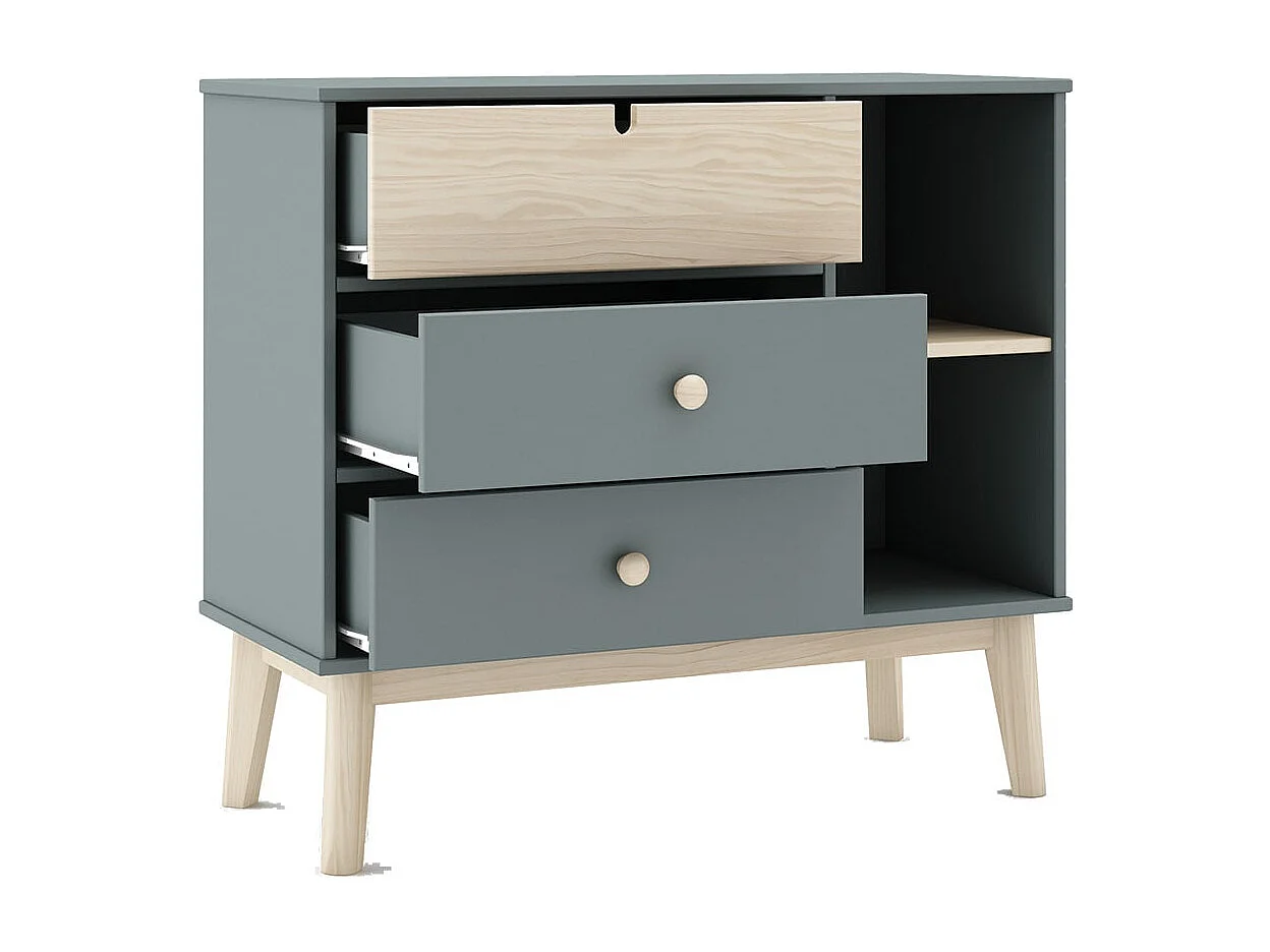 KAINA - Pack Lit 90x200cm avec Tiroir + Commode 3 Tiroirs Coloris Gris et Naturel
