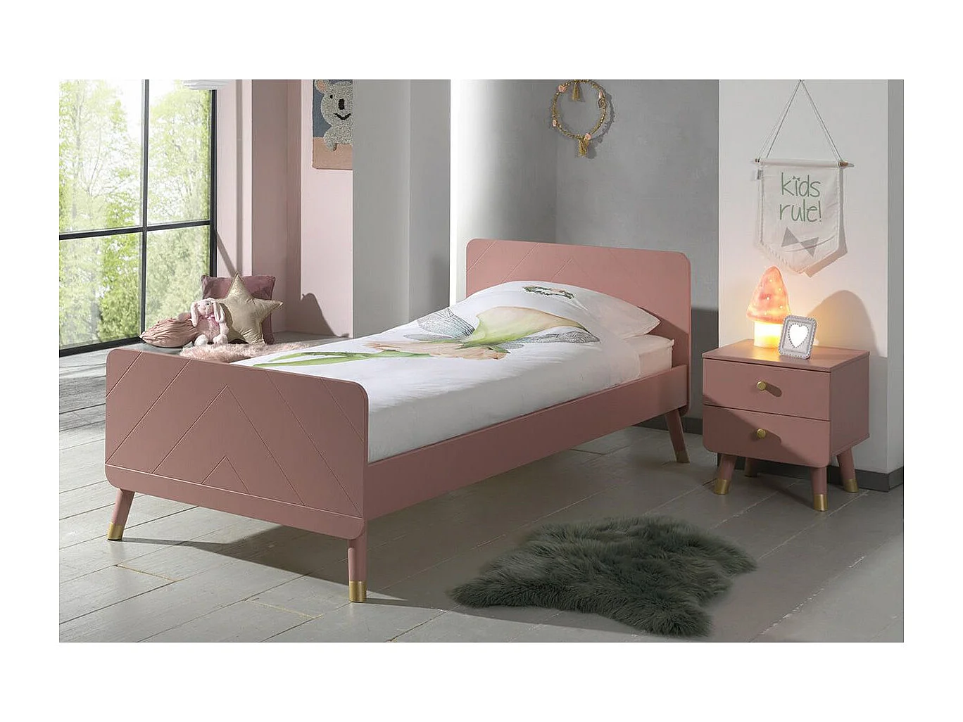 TINY PINK - Pack Lit 90x200cm + Chevet 2 Tiroirs Rose