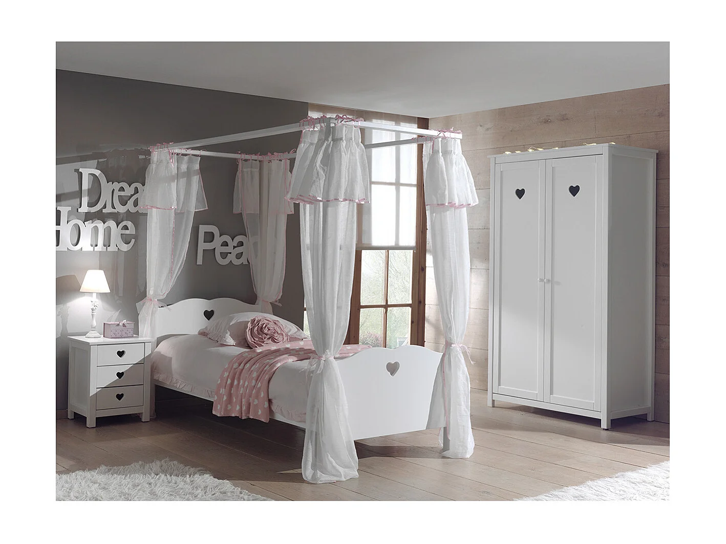 MILADY - Chambre avec Lit à Baldaquin 90x200cm + Sommier + Armoire 2P