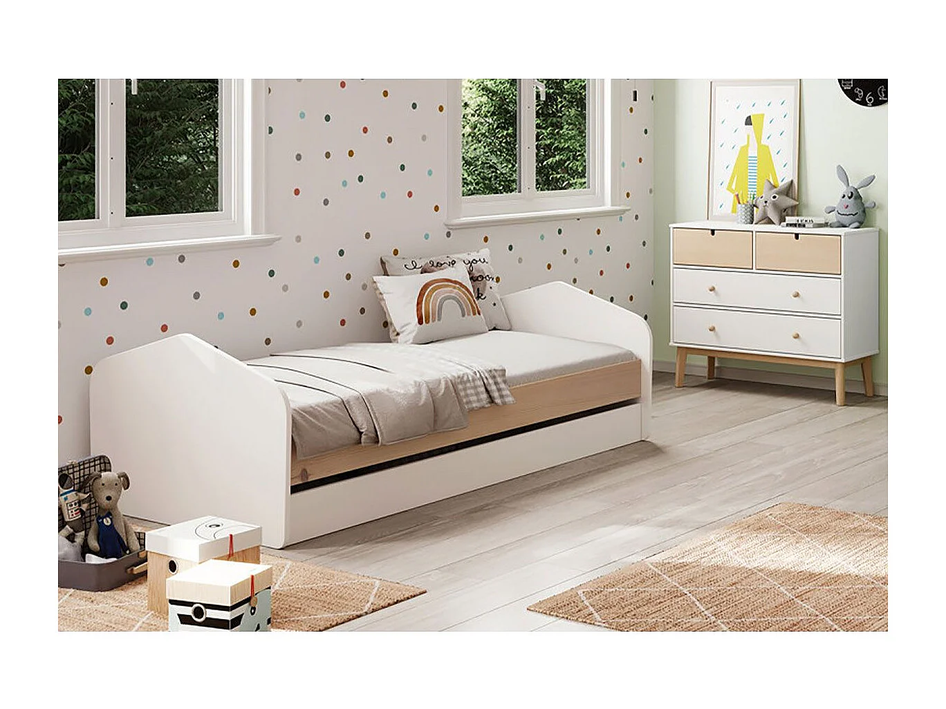 KAINA - Pack Lit 90x200cm avec Tiroir + Commode 4 Tiroirs Coloris Blanc et Naturel