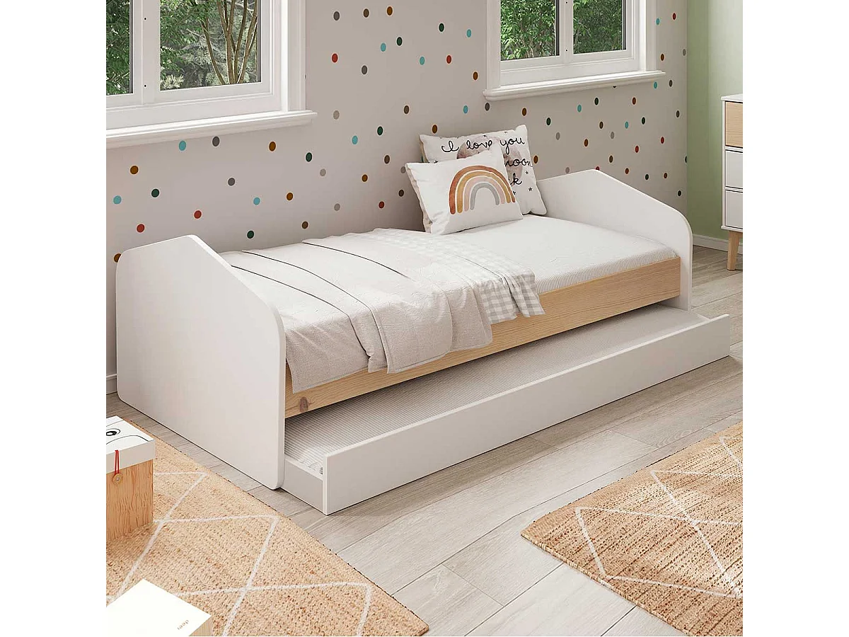 KAINA - Pack Lit 90x200cm avec Tiroir + Commode 4 Tiroirs Coloris Blanc et Naturel