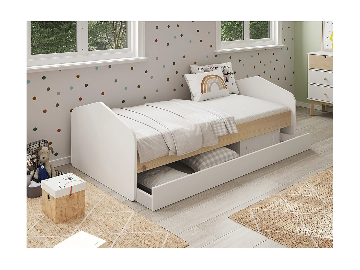 KAINA - Pack Lit 90x200cm avec Tiroir + Commode 4 Tiroirs Coloris Blanc et Naturel