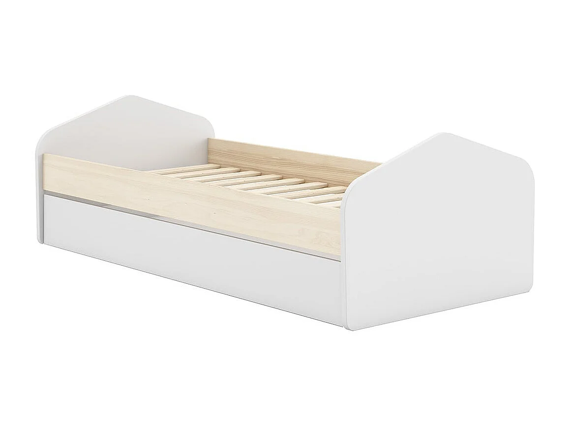 KAINA - Pack Lit 90x200cm avec Tiroir + Commode 4 Tiroirs Coloris Blanc et Naturel