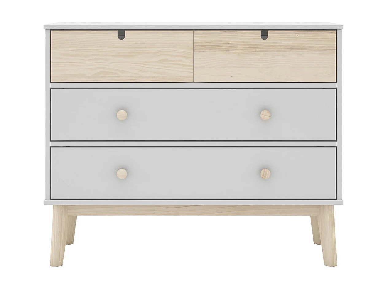 KAINA - Pack Lit 90x200cm avec Tiroir + Commode 4 Tiroirs Coloris Blanc et Naturel