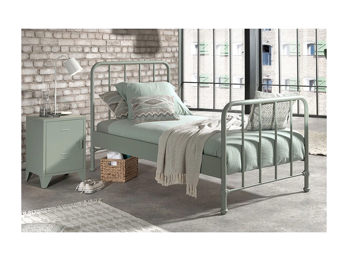 CHICAGO - Pack Lit 90x200cm + Chevet Métal Poudré Vert Olive