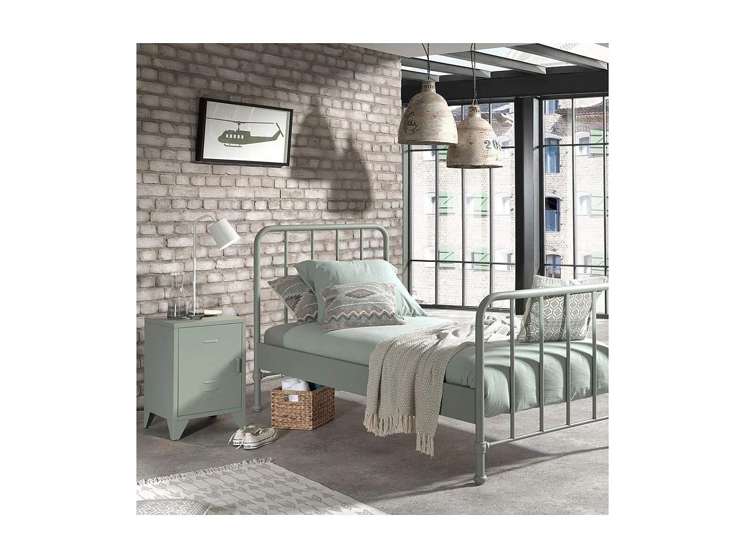 CHICAGO - Pack Lit 90x200cm + Chevet Métal Poudré Vert Olive
