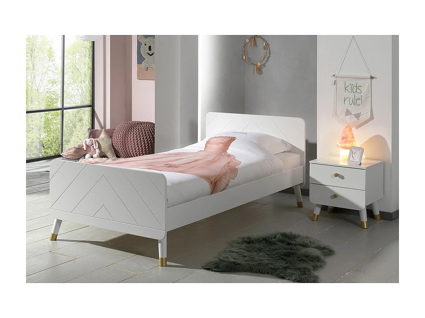 TINY WHITE - Pack Lit 90x200cm + Chevet 2 Tiroirs Blanc