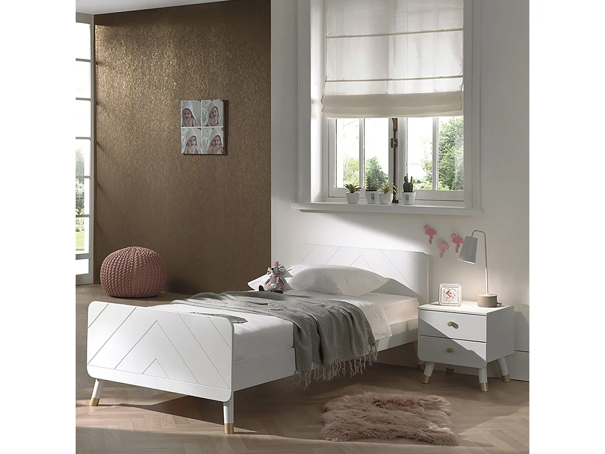 TINY WHITE - Pack Lit 90x200cm + Chevet 2 Tiroirs Blanc