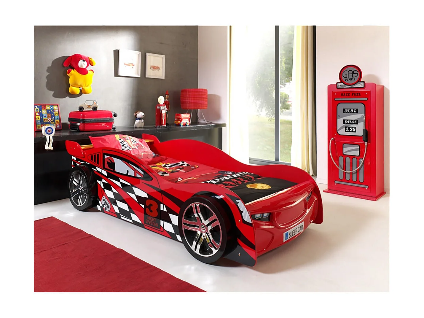 TURBO - Lit Voiture de Course 90x200cm + Armoire 1 Porte