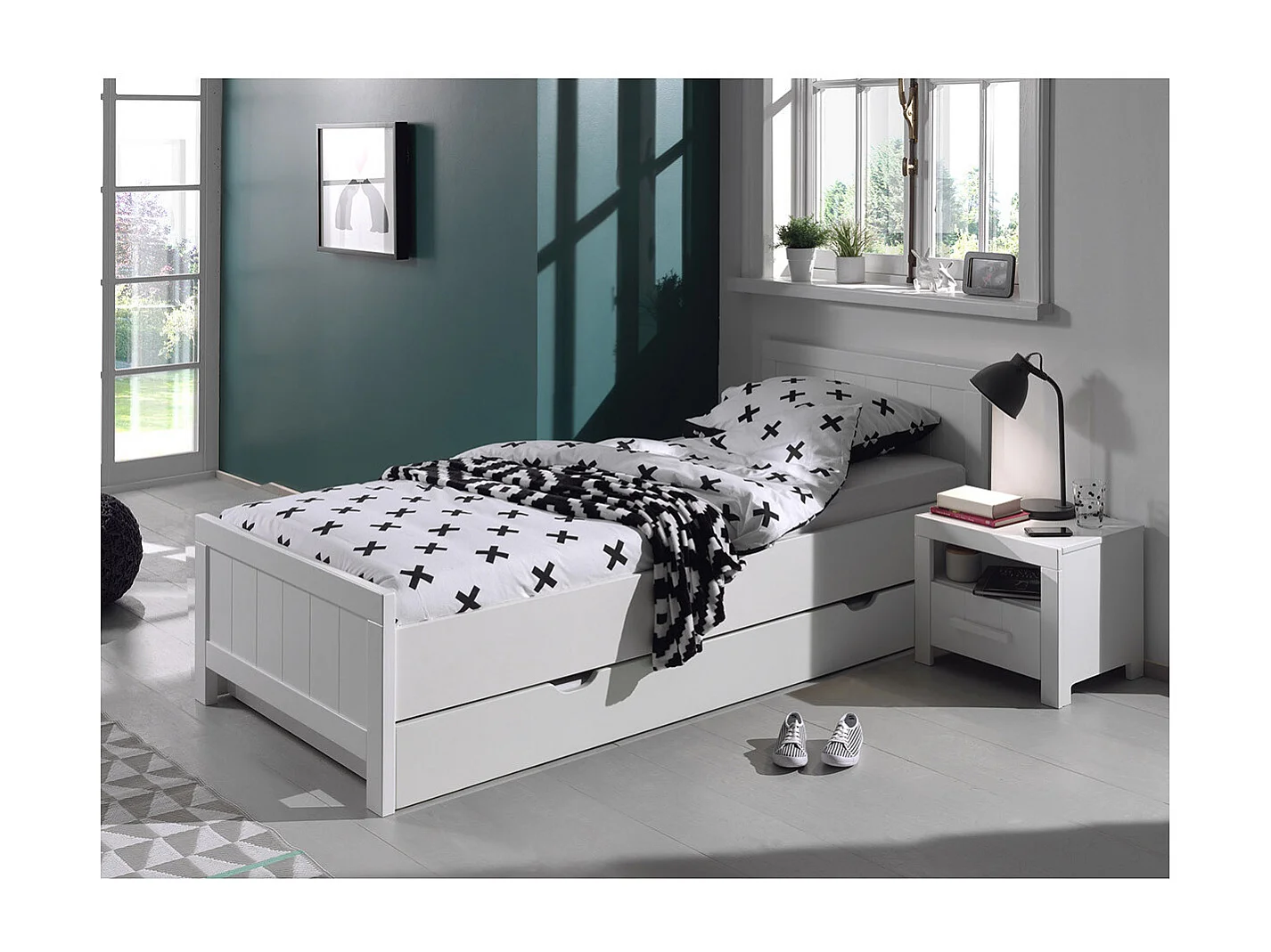 GASTON - Pack Lit 90x200cm + Chevet 1 Tiroir Laqués Blanc
