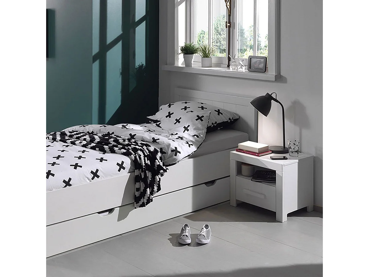 GASTON - Pack Lit 90x200cm + Chevet 1 Tiroir Laqués Blanc