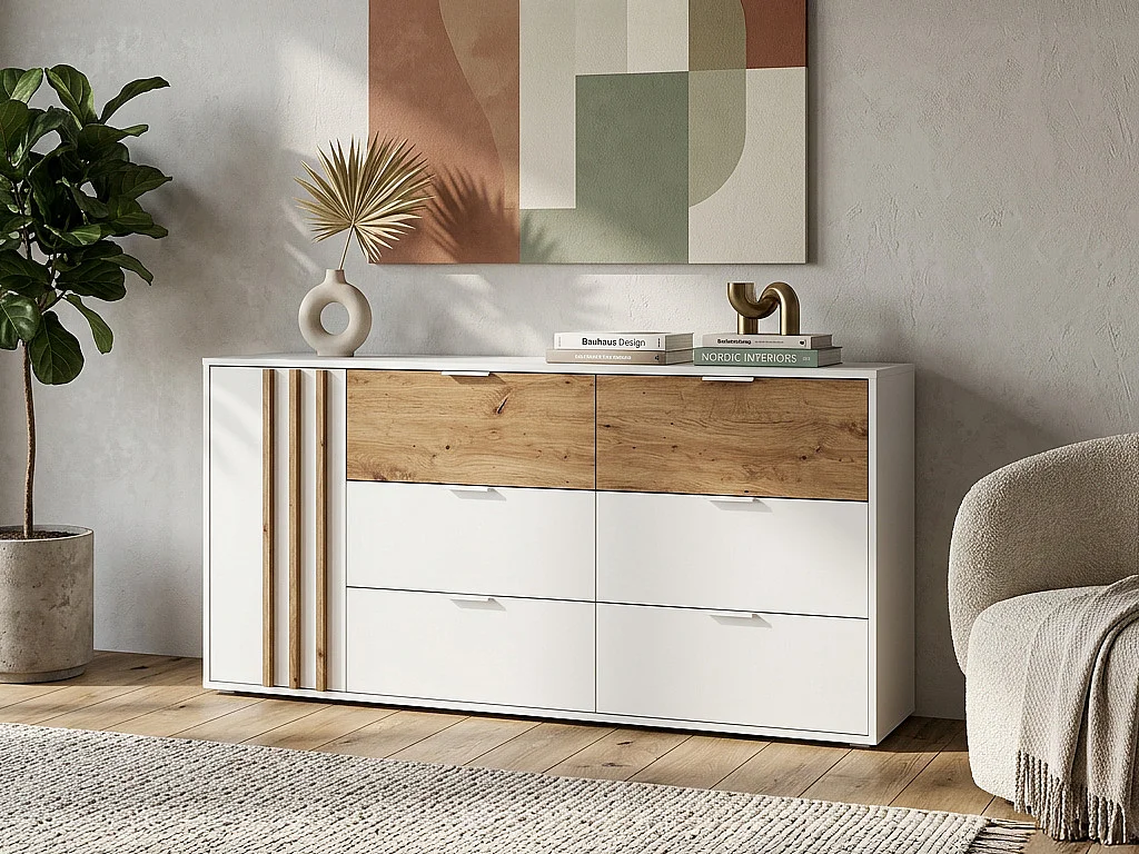 Commode - 6 tiroirs et 1 porte - Blanc et naturel - TUNALO