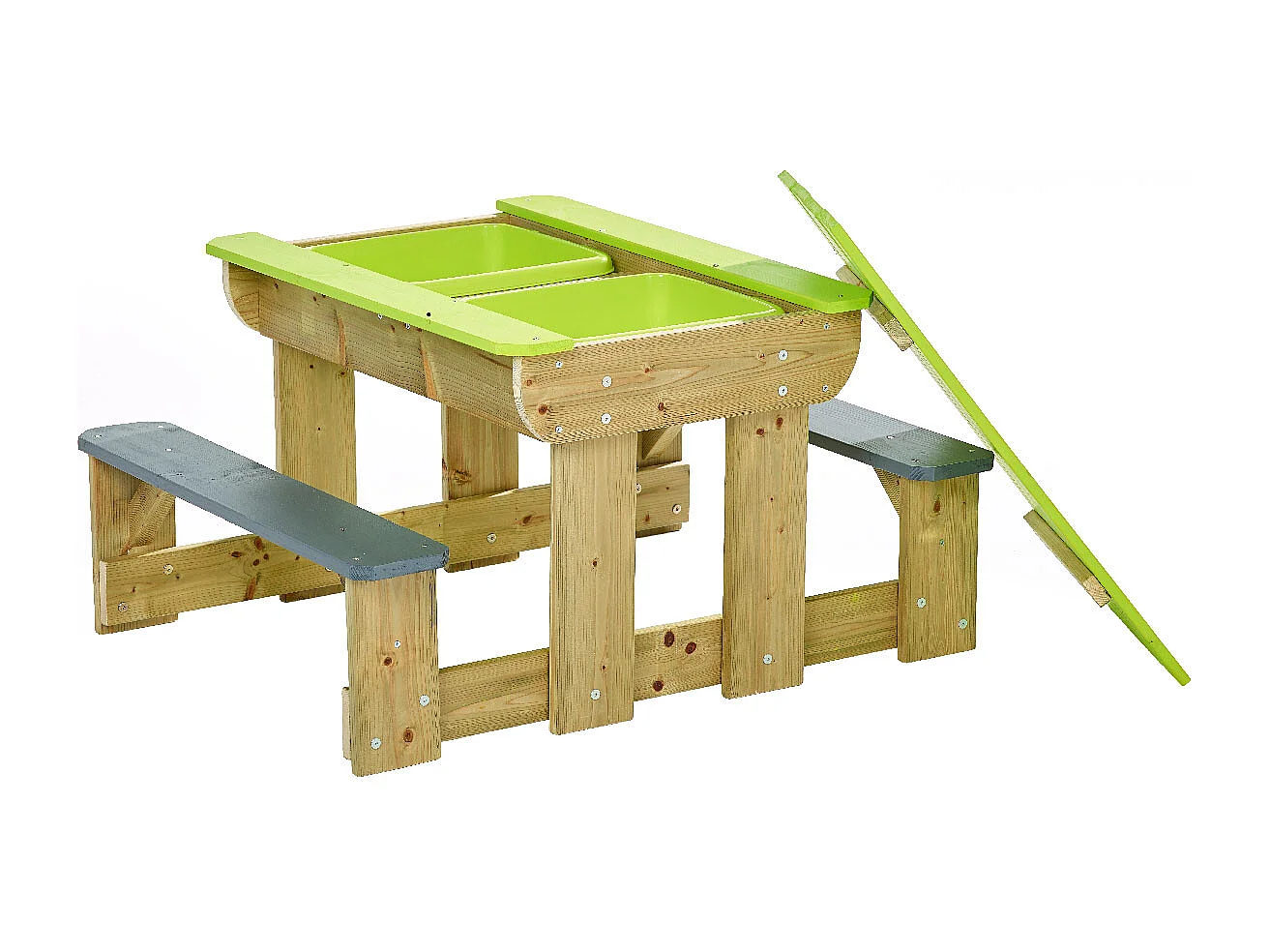 Kangui - Table de pique-nique en bois massif pour enfants avec bancs et bacs en plastiques