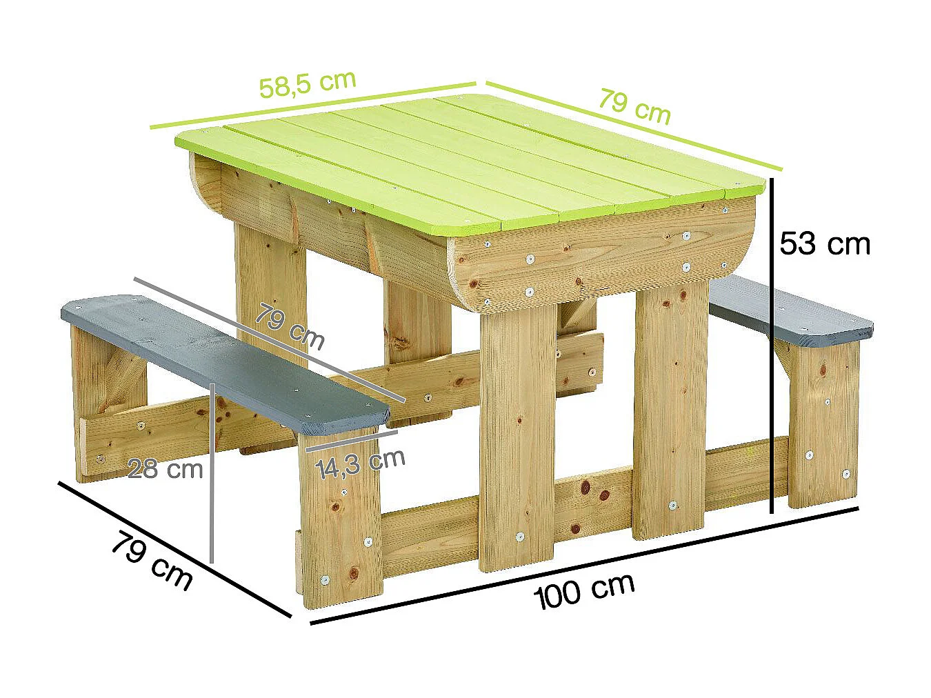 Kangui - Table de pique-nique en bois massif pour enfants avec bancs et bacs en plastiques