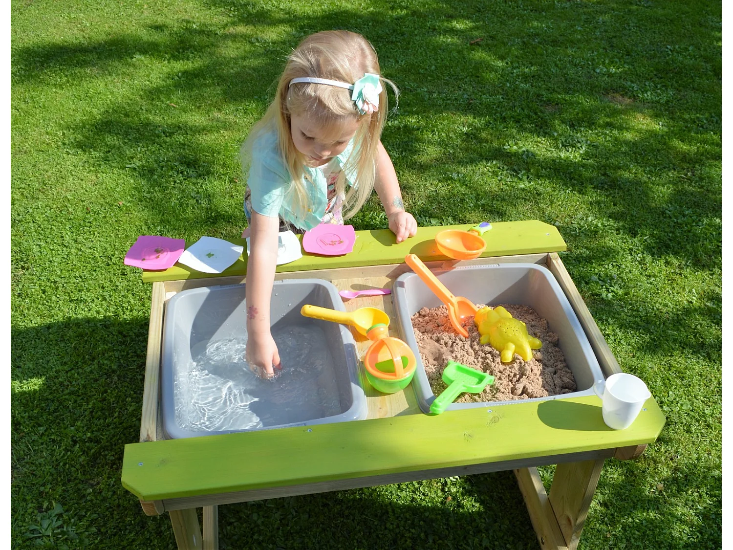 Kangui - Table de pique-nique en bois massif pour enfants avec bancs et bacs en plastiques