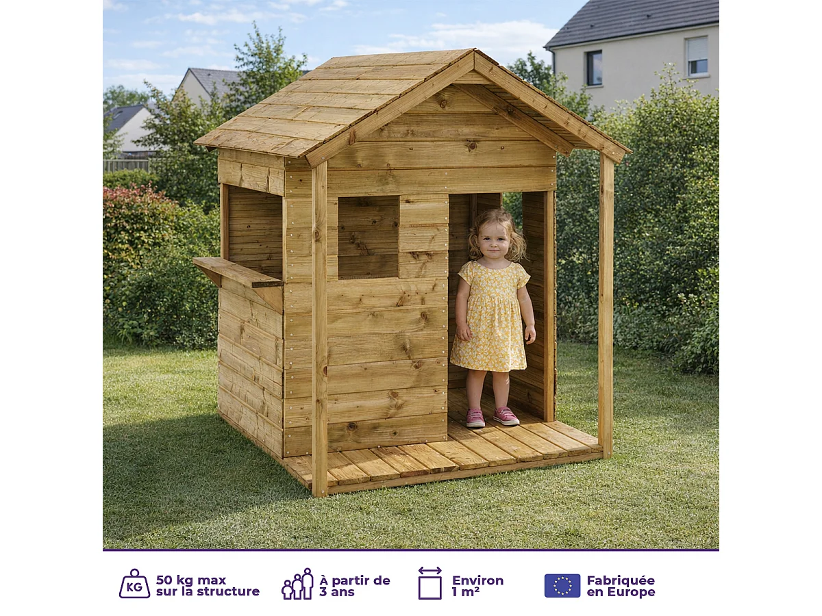 Kangui - Maisonnette bois enfant extérieur COSI - Toit étanche - Comptoir - Mini Terrasse Préau