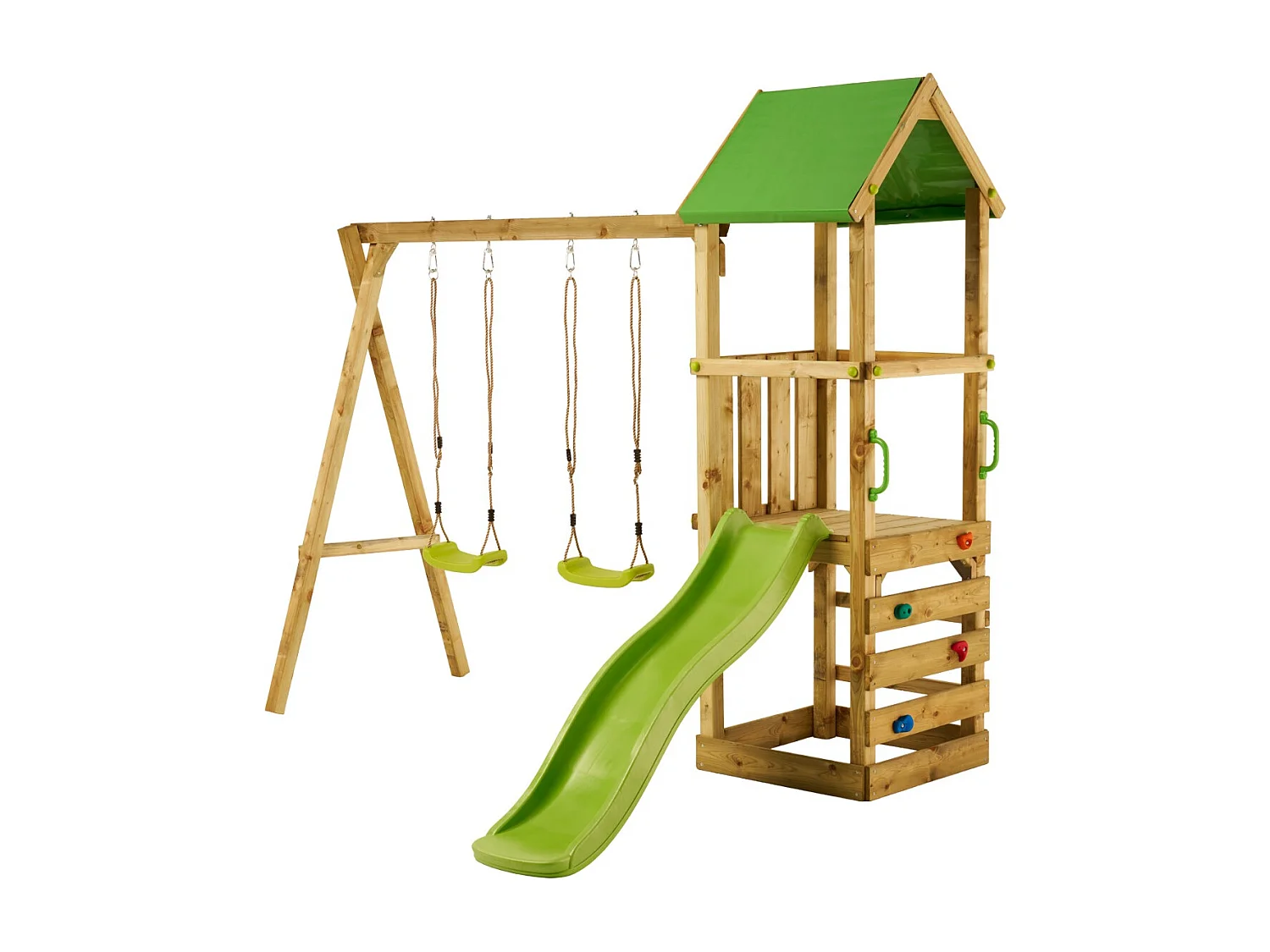 Kangui - Aire de jeux bois enfant WALLI 90 - Toboggan, balançoires, escalade et cabane