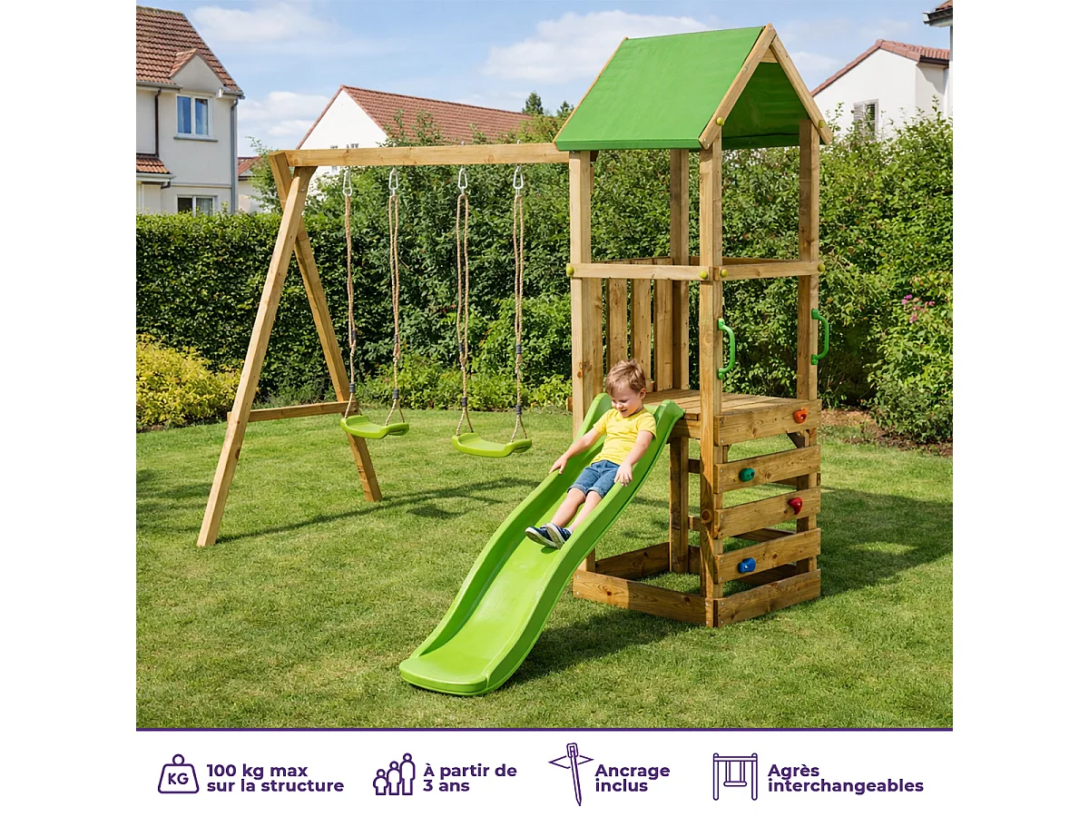 Kangui - Aire de jeux bois enfant WALLI 90 - Toboggan, balançoires, escalade et cabane