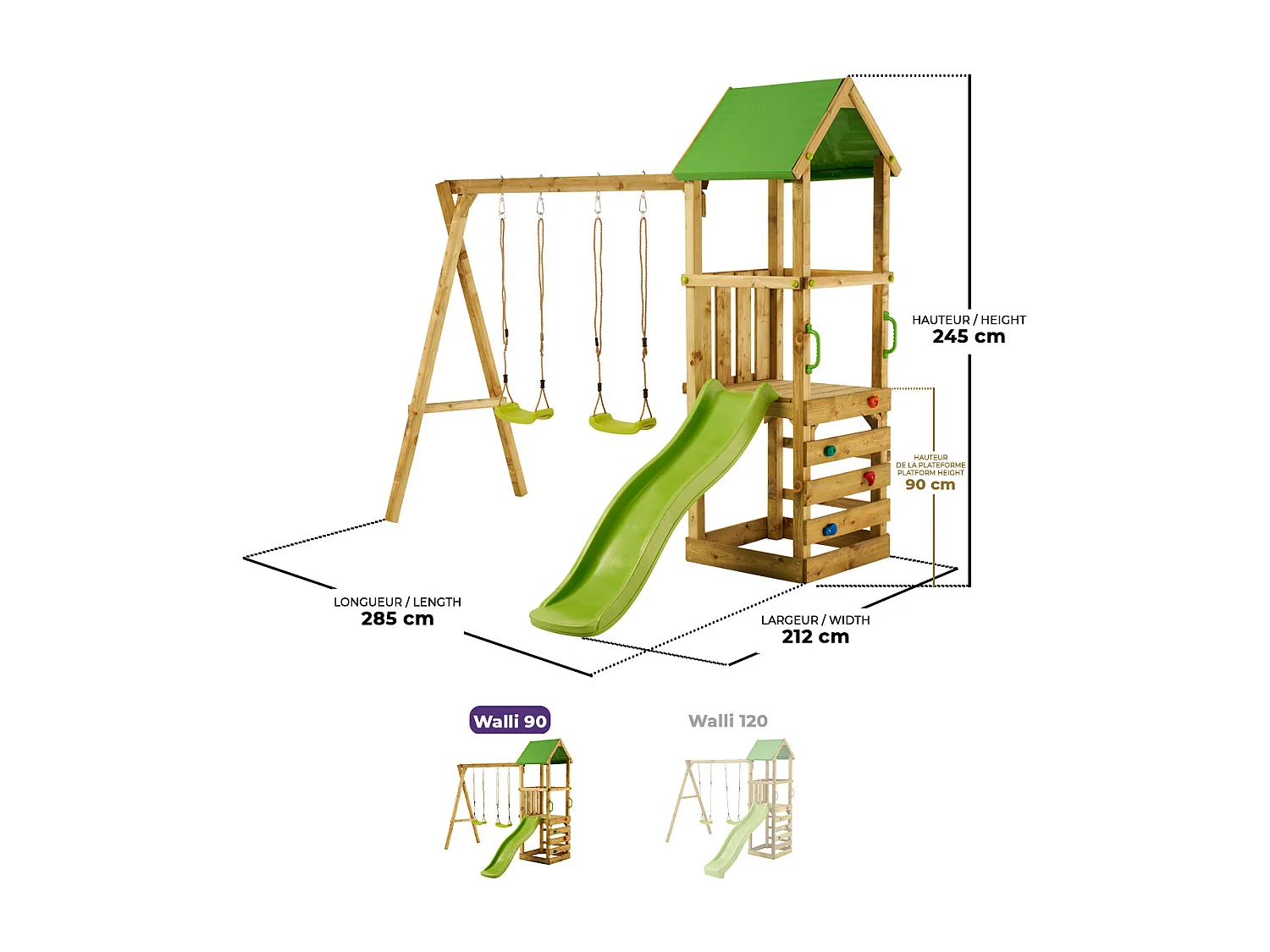 Kangui - Aire de jeux bois enfant WALLI 90 - Toboggan, balançoires, escalade et cabane