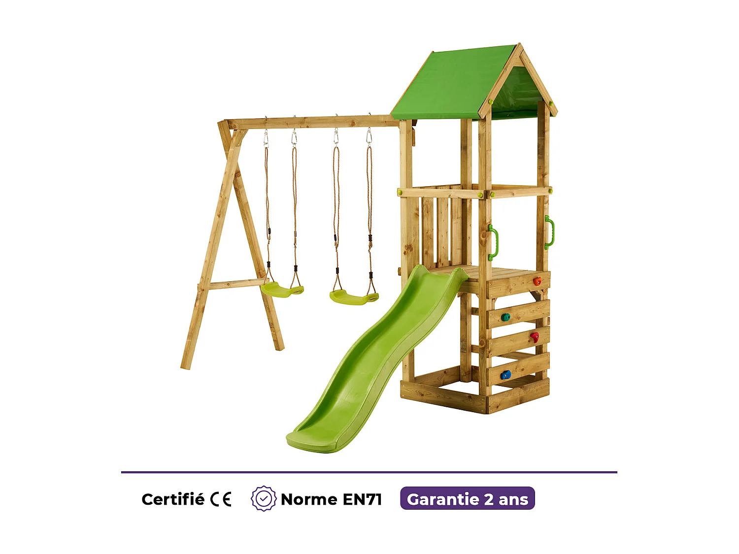 Kangui - Aire de jeux bois enfant WALLI 90 - Toboggan, balançoires, escalade et cabane