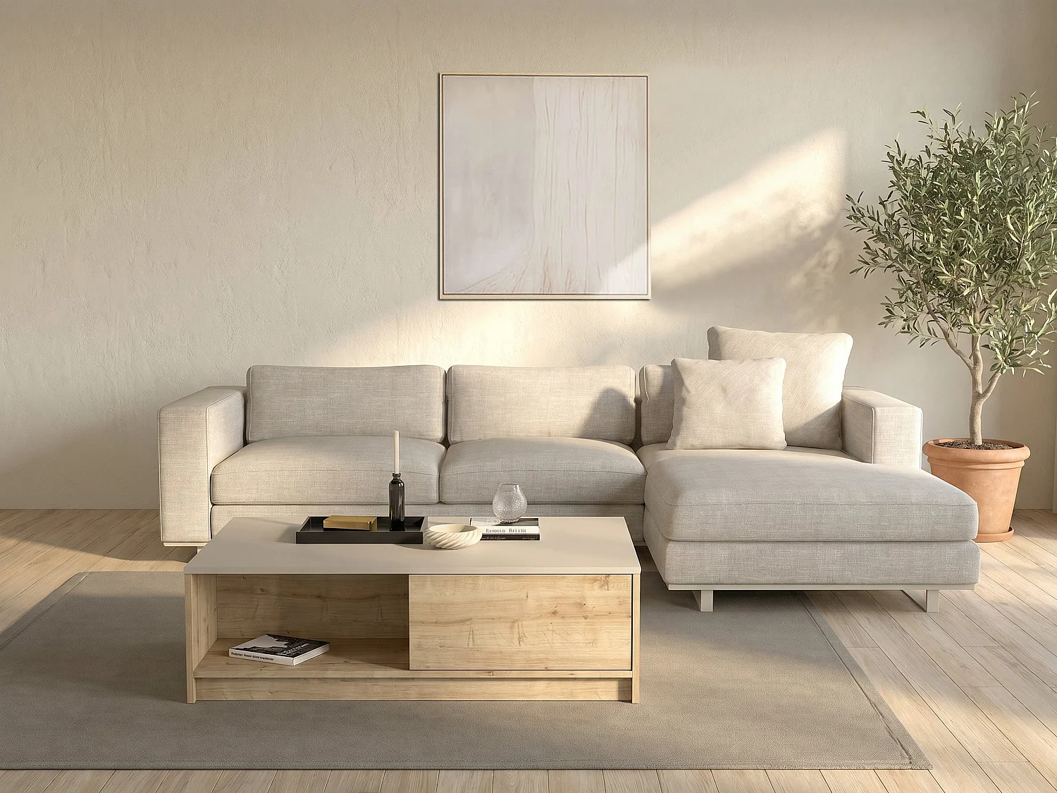 Table basse avec 2 tiroirs et 2 niches - Naturel clair et Beige - ZEFYNA