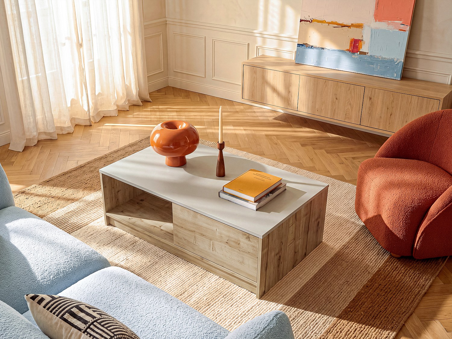 Couchtisch mit 2 Schubladen und 2 Ablagen - Naturfarben hell und Beige ZEFYNA