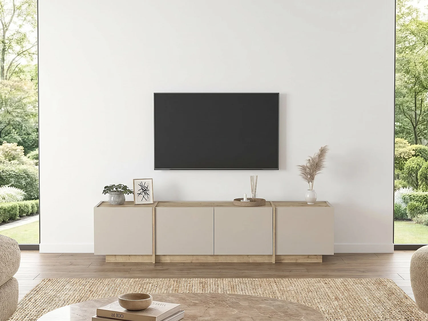 Meuble TV avec 4 portes - Beige et naturel clair - JEYANI