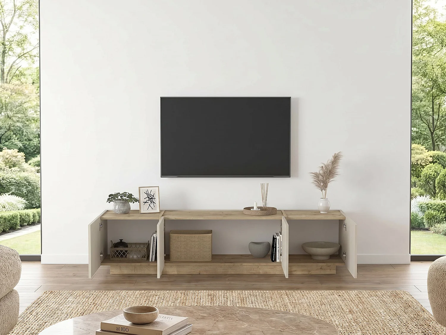 Meuble TV avec 4 portes - Beige et naturel clair - JEYANI