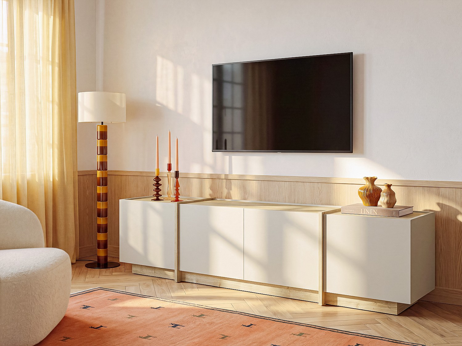 TV-Board mit 4 Türen - Beige und Naturfarben hell - JEYANI