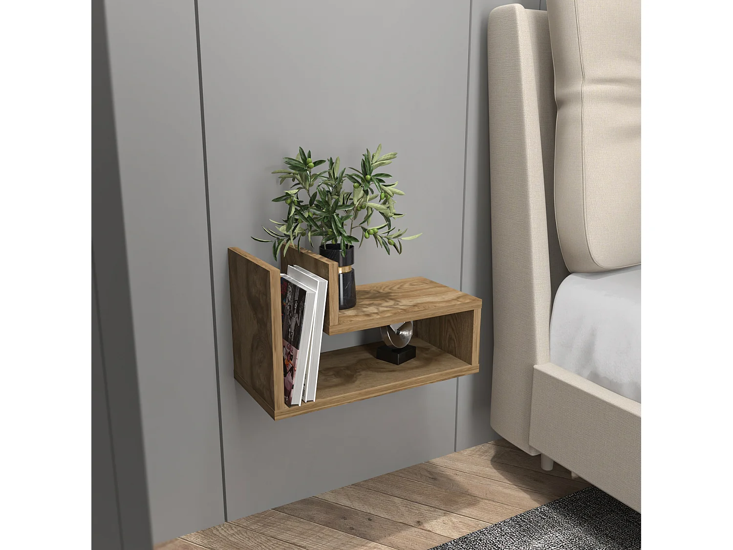 Decorotika Lara Floating Nightstand L Shaped - W 45 cm x H 26.8 cm x D 22 cm