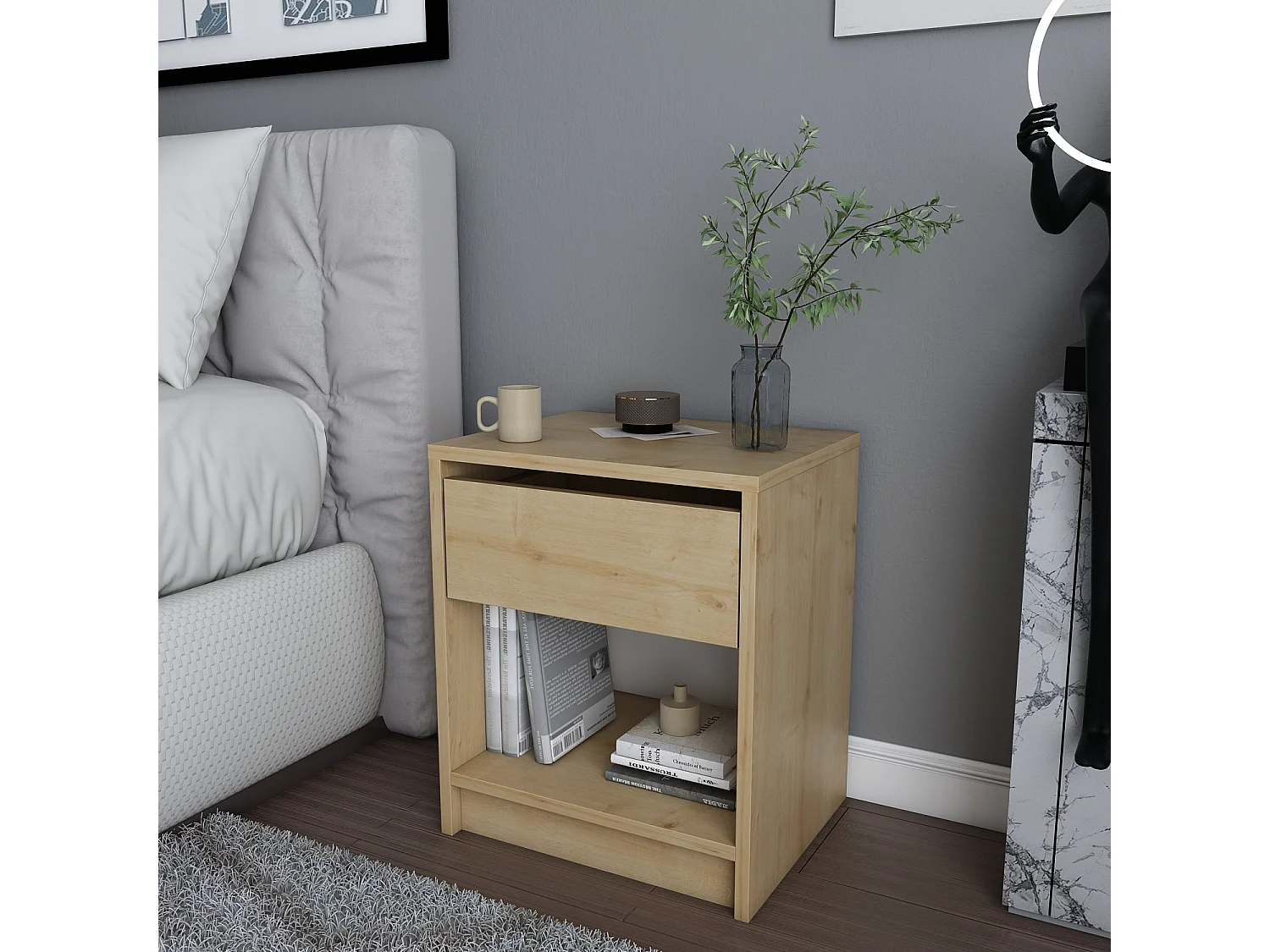 Decorotika Sheridan Nightstand with Drawer and Open Shelf - 44,4 cm W x 52.5 cm H x 31,7 cm D
