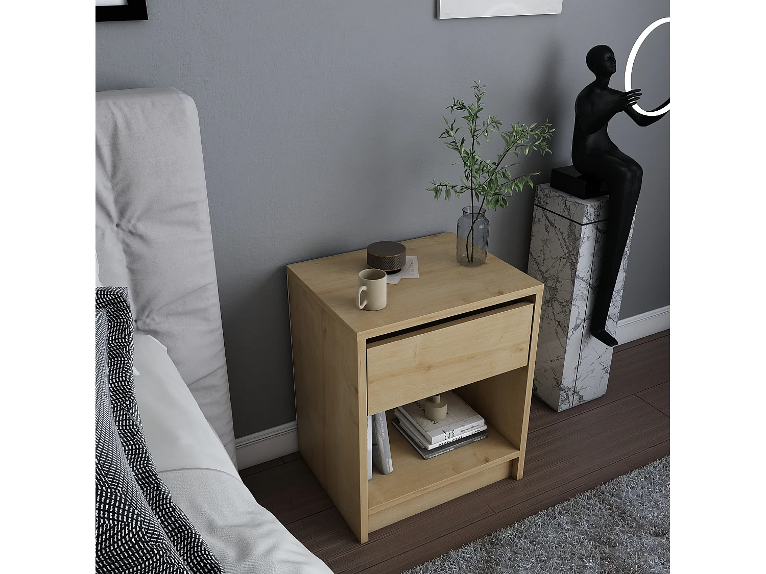 Decorotika Sheridan Nightstand with Drawer and Open Shelf - 44,4 cm W x 52.5 cm H x 31,7 cm D