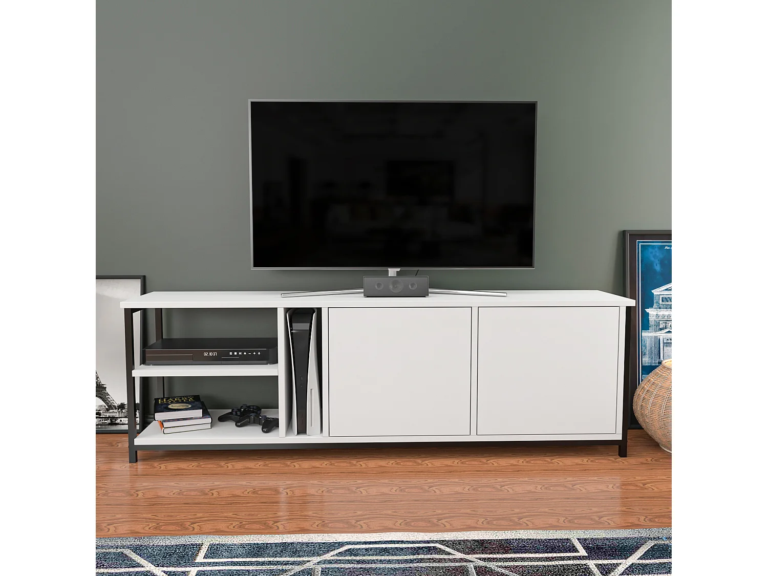 Decorotika Primrose TV Unit for TV's up to 72 inches with Cabinets and Open Shelves