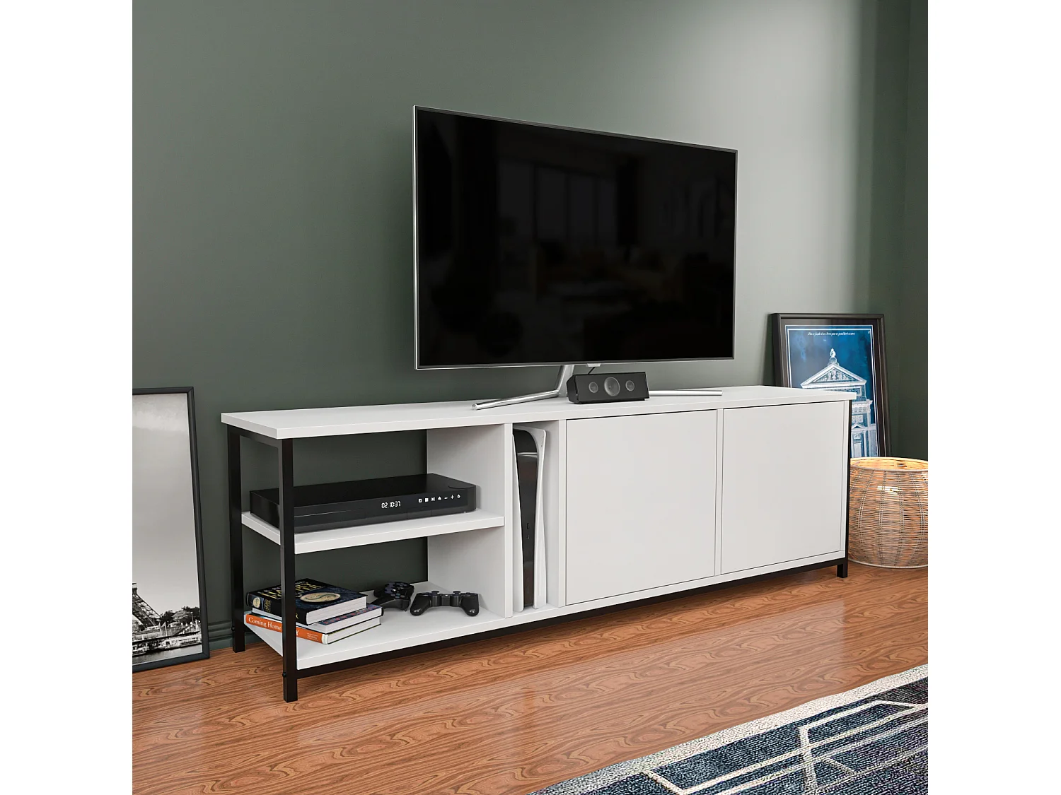 Decorotika Primrose TV Unit for TV's up to 72 inches with Cabinets and Open Shelves