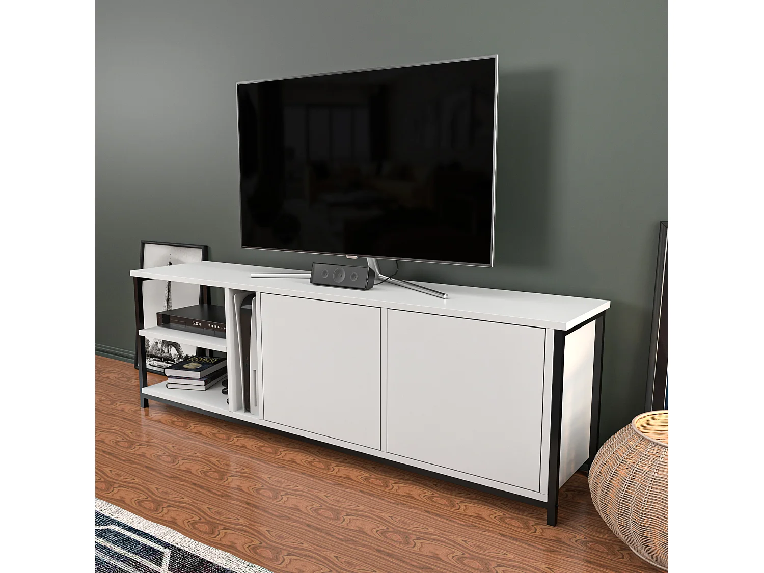 Decorotika Primrose TV Unit for TV's up to 72 inches with Cabinets and Open Shelves