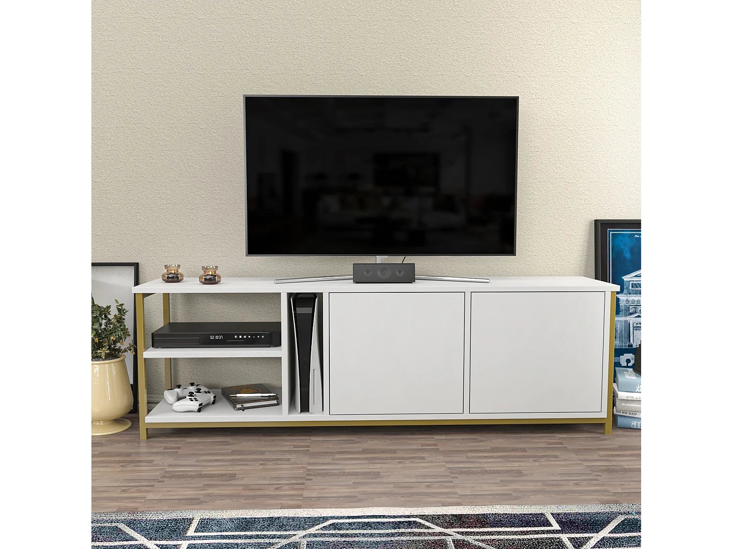 Decorotika Primrose TV Unit for TV's up to 72 inches with Cabinets and Open Shelves