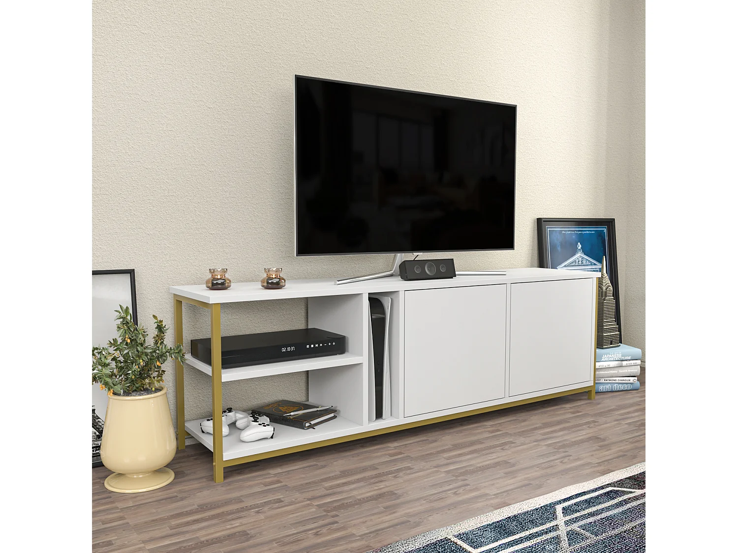 Decorotika Primrose TV Unit for TV's up to 72 inches with Cabinets and Open Shelves