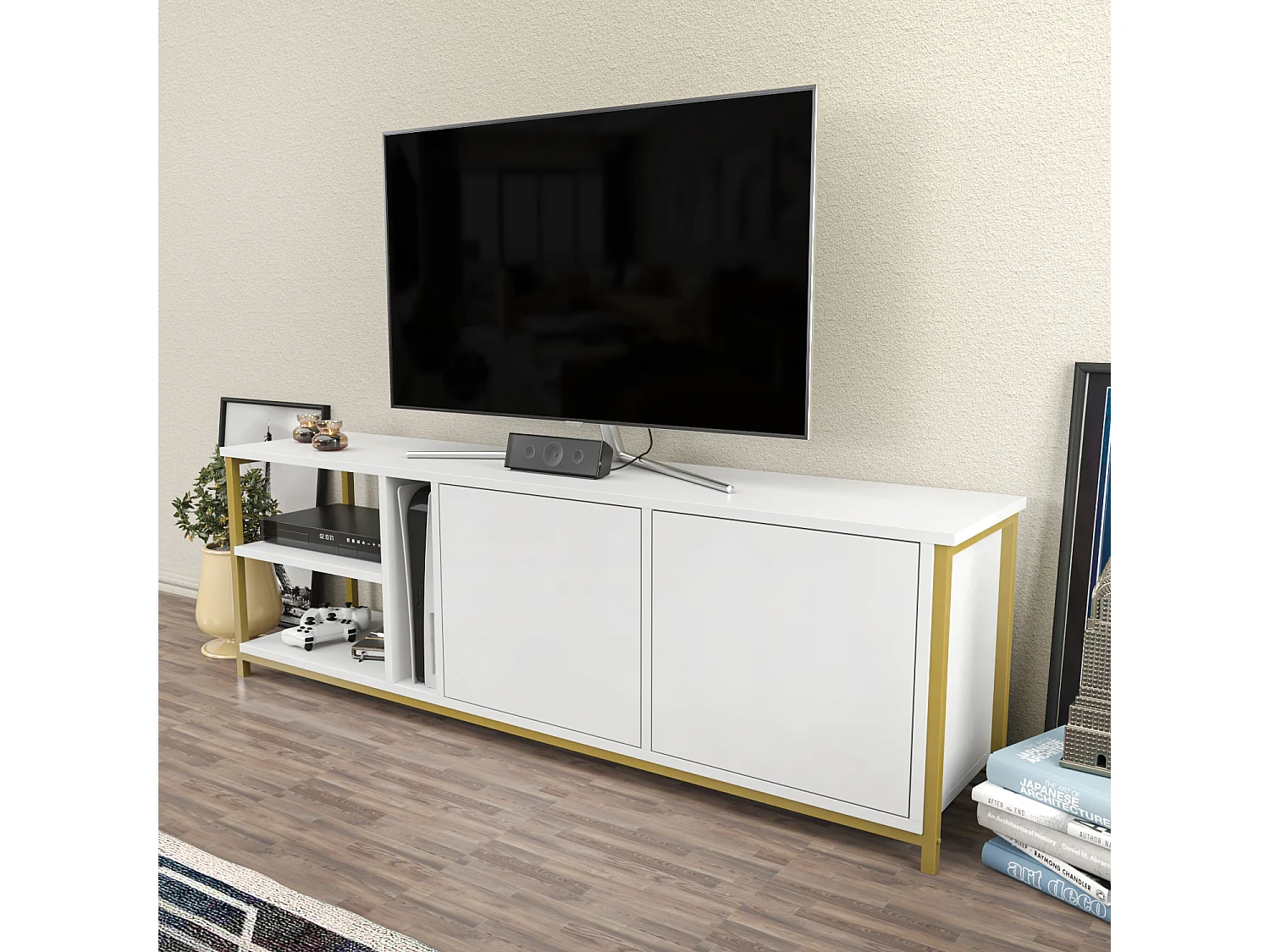 Decorotika Primrose TV Unit for TV's up to 72 inches with Cabinets and Open Shelves