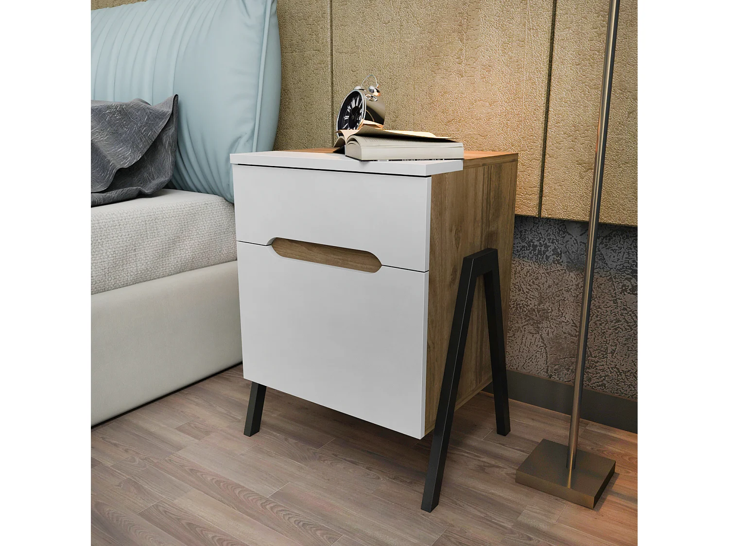Decorotika Neva Nightstand with Drawer and Cabinet - 45 cm W  x 64 cm H x 38 cm D