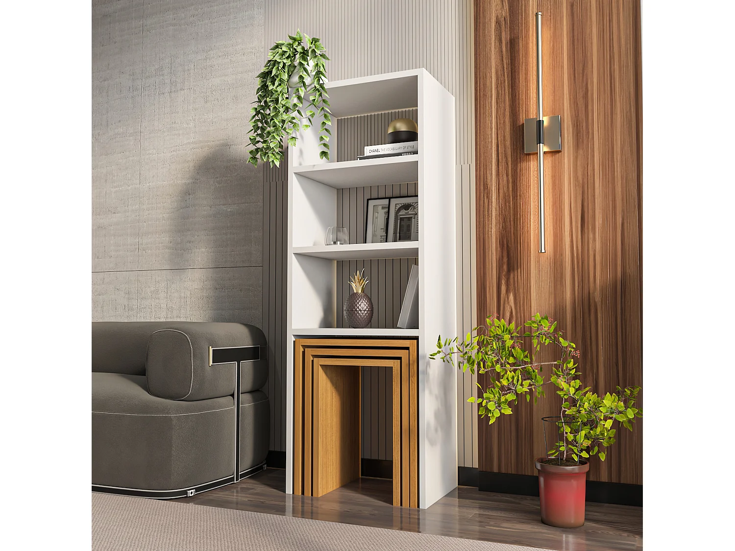 Decorotika Modern Melo 120 CM Bookcase with Included Nesting Tables