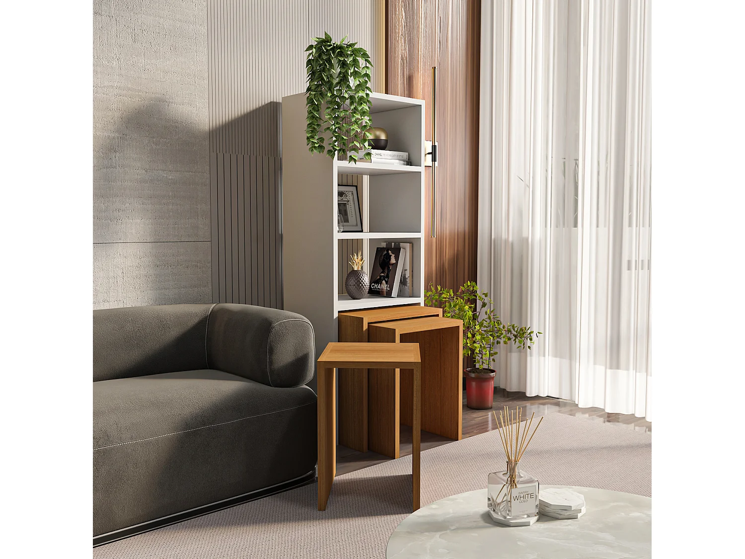 Decorotika Modern Melo 120 CM Bookcase with Included Nesting Tables