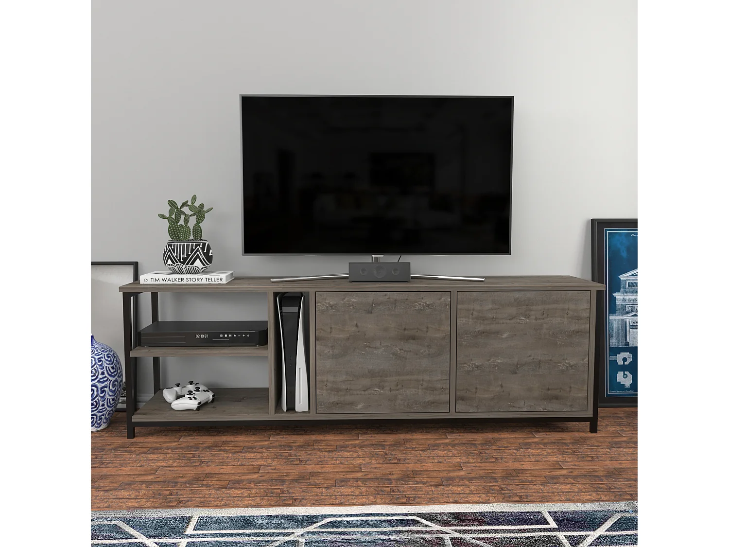Decorotika Primrose TV Unit for TV's up to 72 inches with Cabinets and Open Shelves