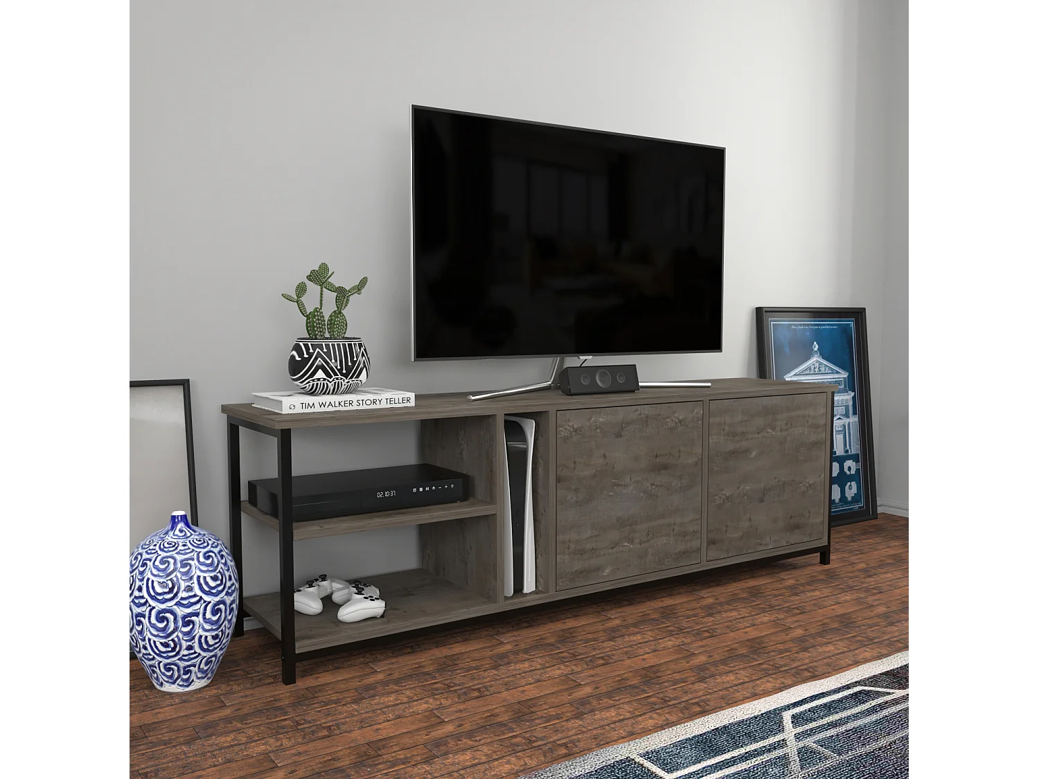 Decorotika Primrose TV Unit for TV's up to 72 inches with Cabinets and Open Shelves