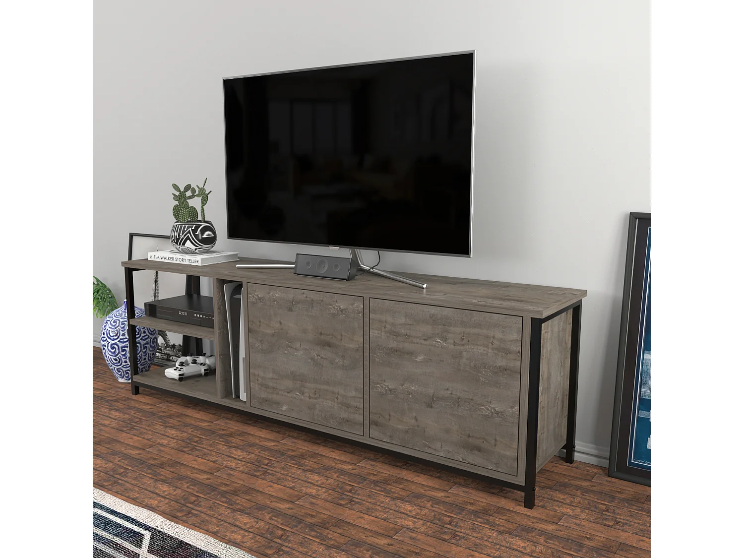 Decorotika Primrose TV Unit for TV's up to 72 inches with Cabinets and Open Shelves