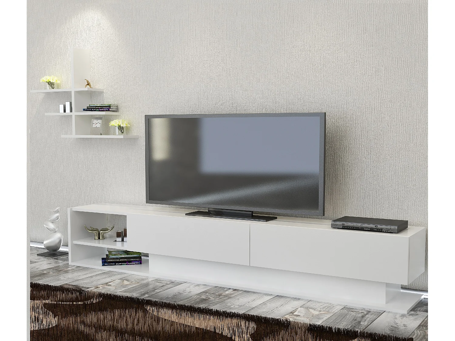 Decorotika Liza TV Unit for TVs up to 65 inches with Dropdown Cabinets and Open Shelves (Wall Shelf Included)