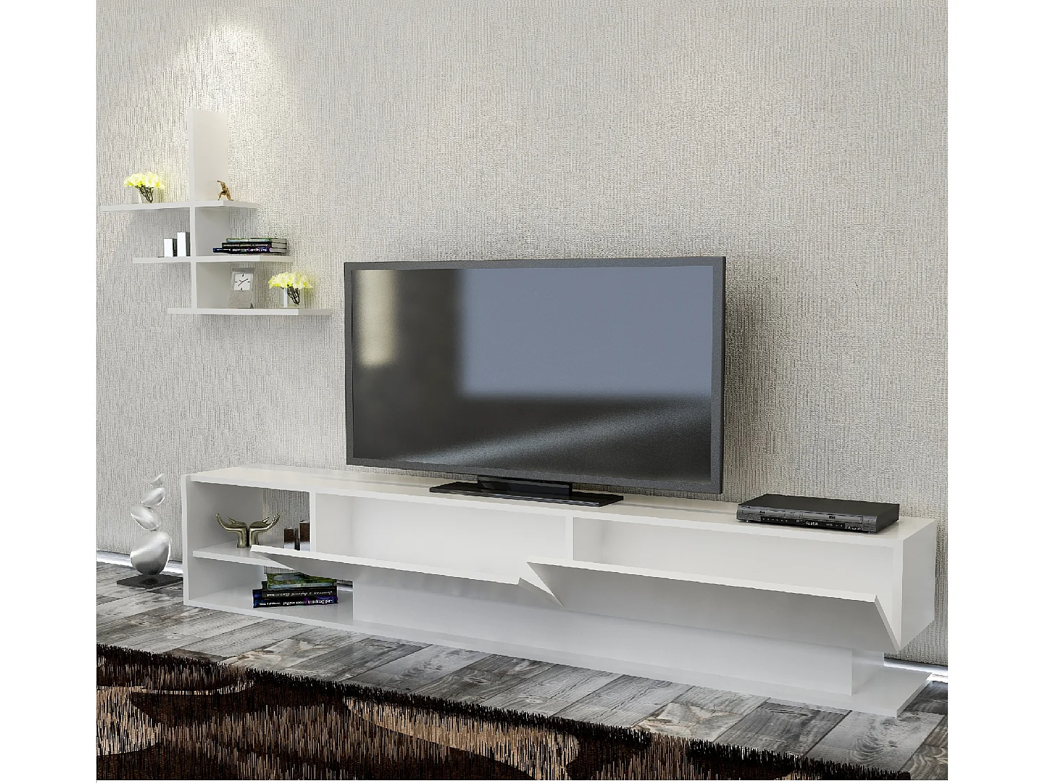 Decorotika Liza TV Unit for TVs up to 65 inches with Dropdown Cabinets and Open Shelves (Wall Shelf Included)