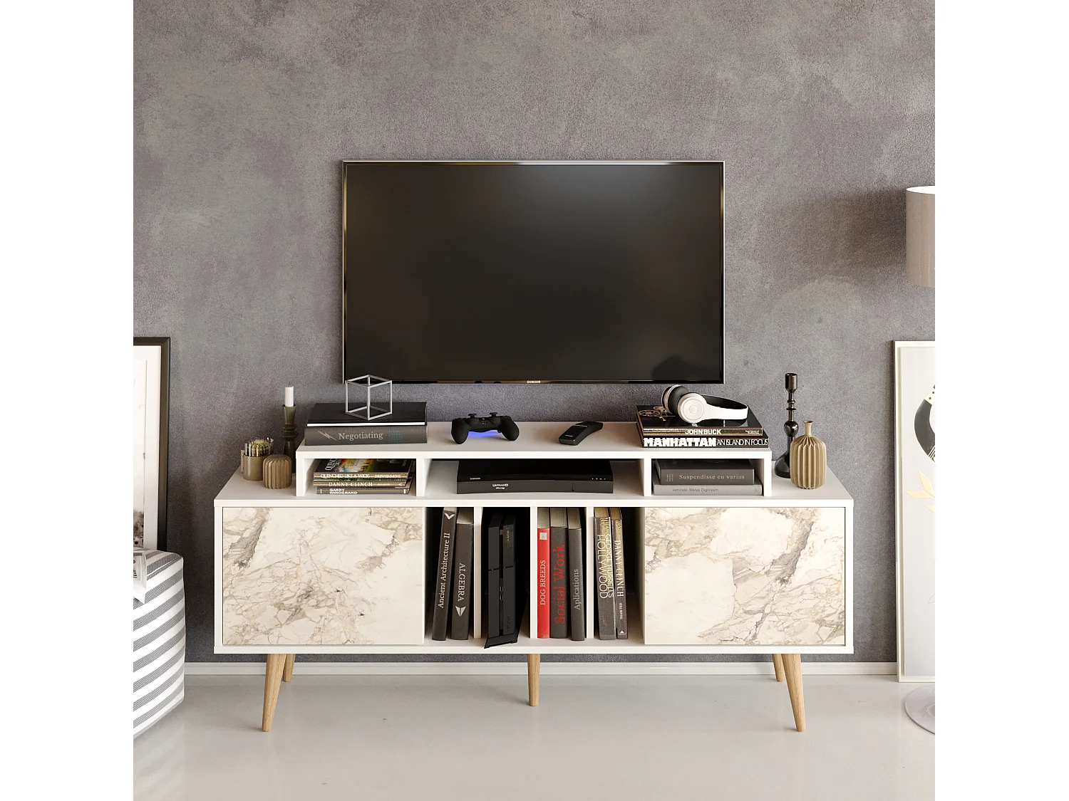 Decorotika Char  TV Unit for TVs up to 72 inch White and White Marble Effect