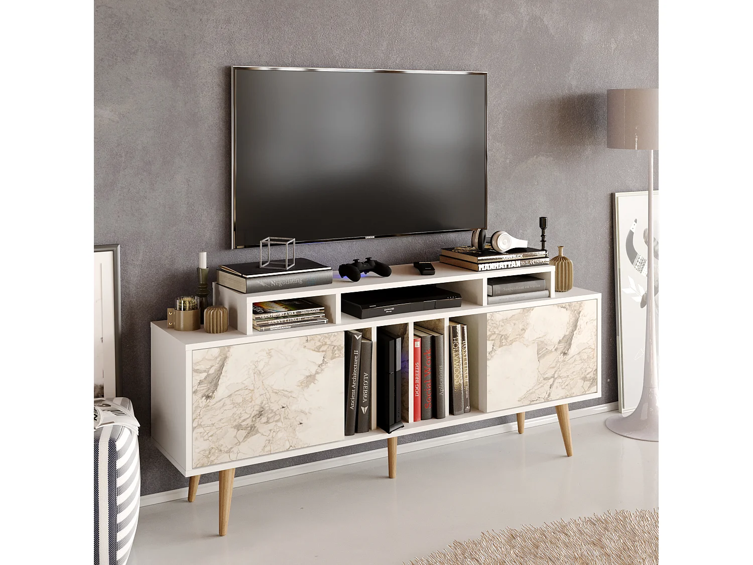 Decorotika Char  TV Unit for TVs up to 72 inch White and White Marble Effect
